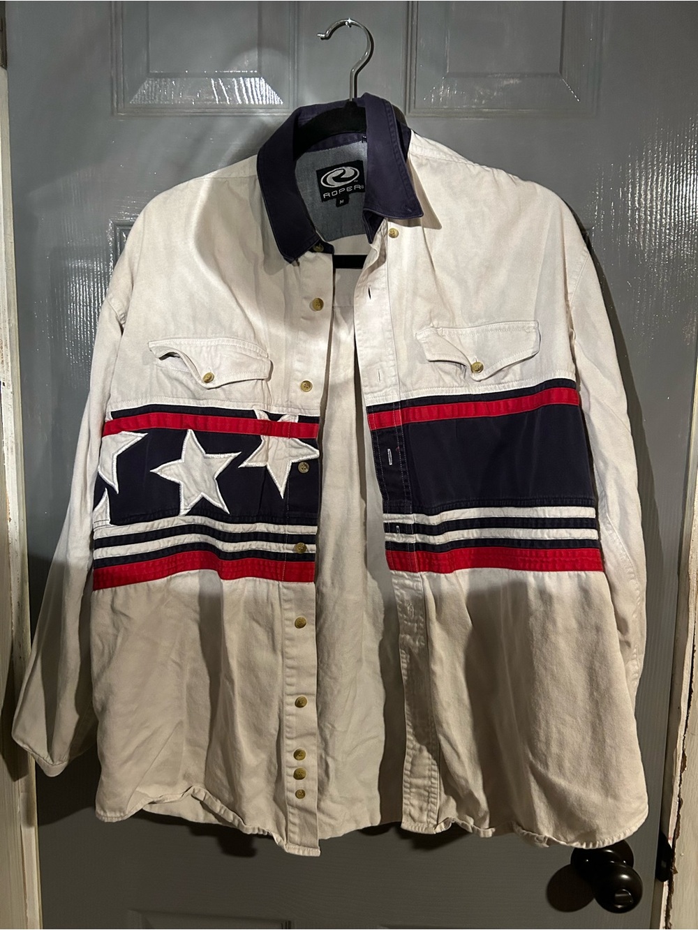 Vintage Roper Men’s White Western Shirt Jacket with Stars & Stripes